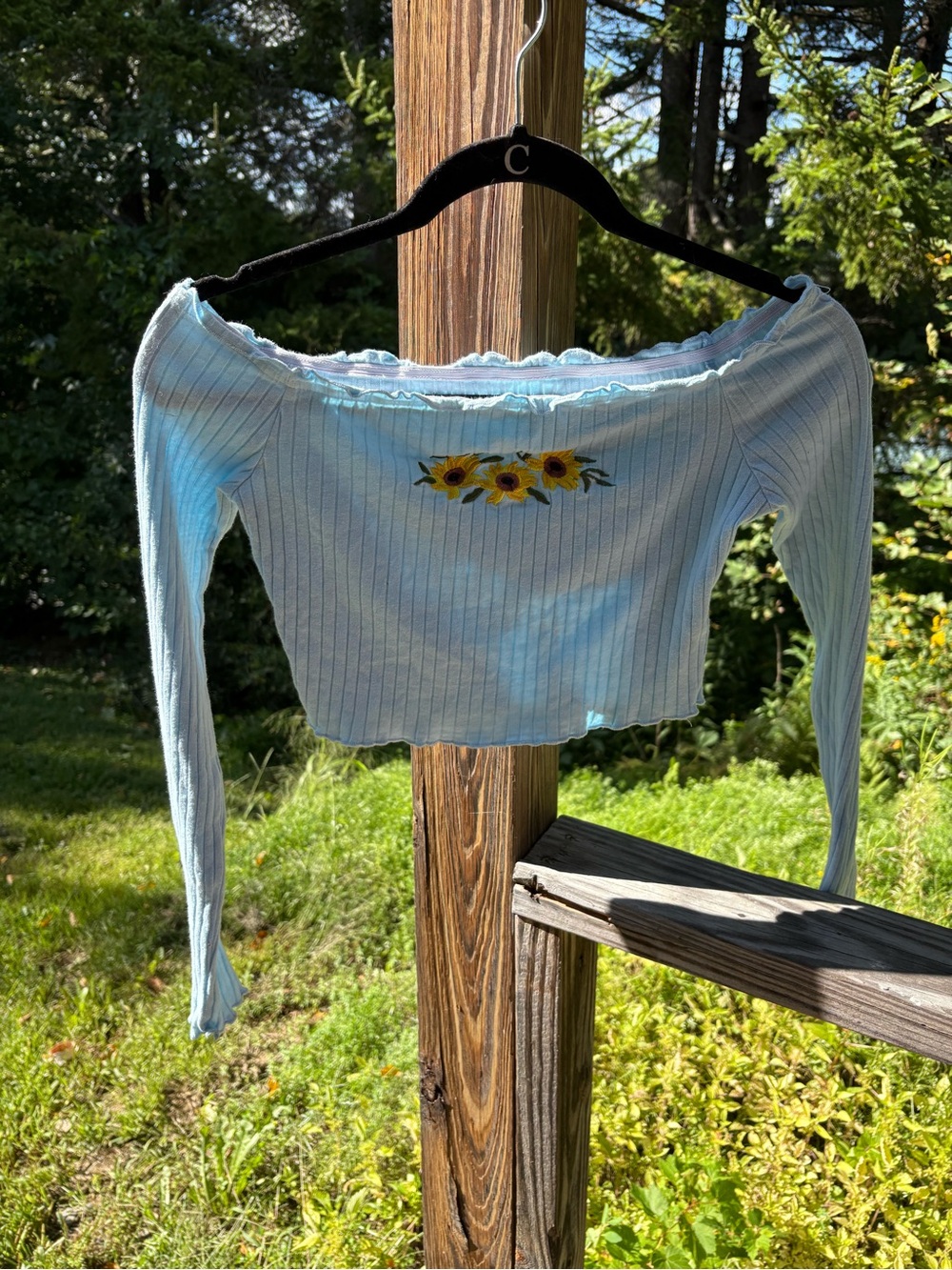 SHEIN Light Blue Ribbed Off-Shoulder Crop Top with Sunflower Detail